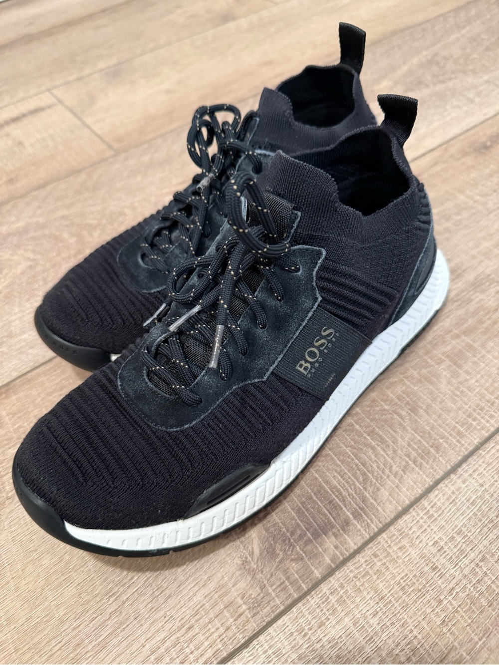 BOSS Black Knit Slip-On Lace Sneakers with White Sole - Picture 2 of 5